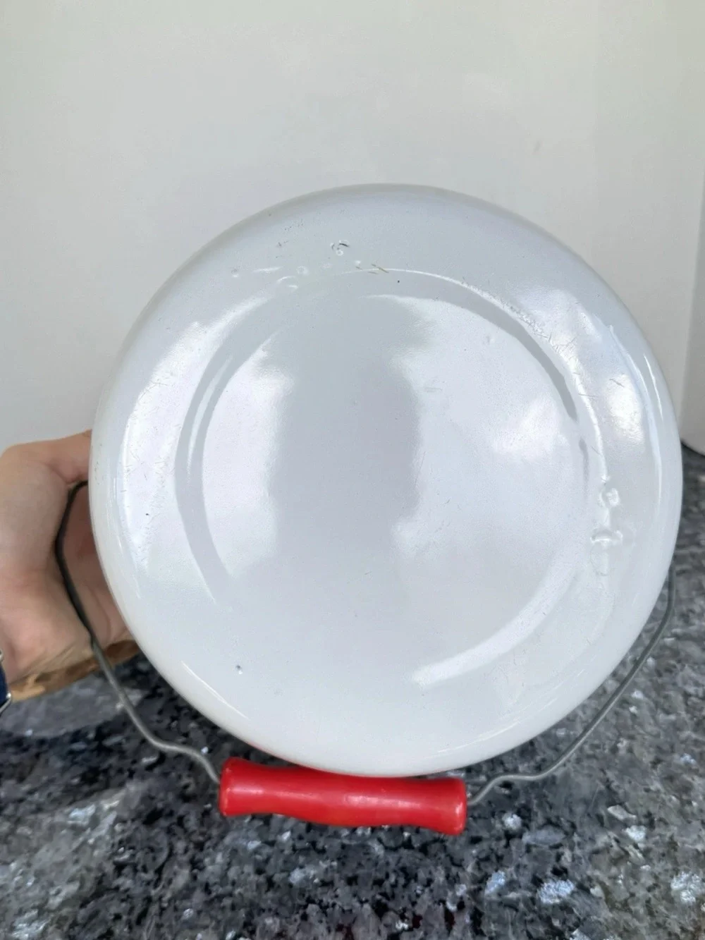 Vintage Fesco Porcelain Enamelware Pot With Wooden Handle, 8” White & Red Bucket